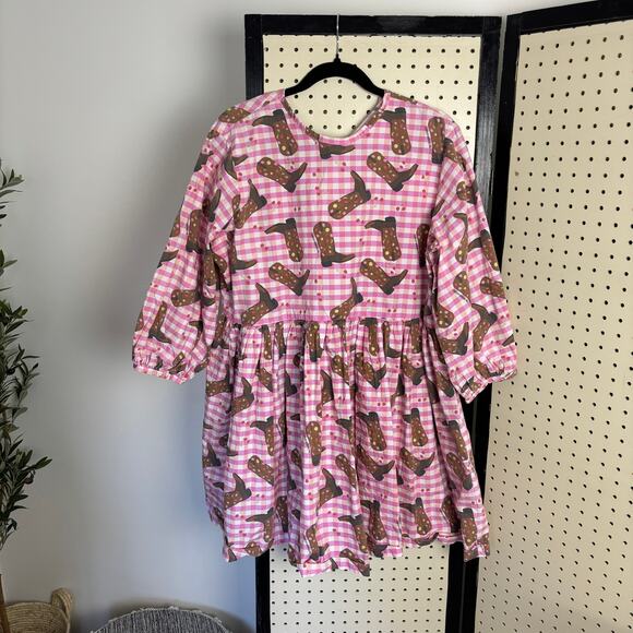 NWOT Megan Crosby Lila Cowboy Dress Pink Gingham Mini Puff-Sleeve Boot-Print - Picture 2 of 6